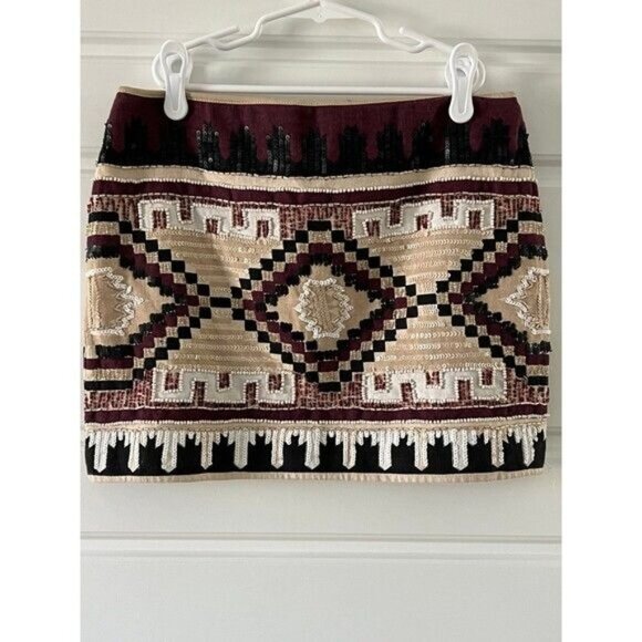 Zara Trafaluc Embellished Mini Skirt Beige/Burgundy Black Geometric Design Cotto - Picture 9 of 12